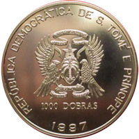 São Tomé and Príncipe coin 1000 Dobras - Diana - Queen of the Hearts (1997) obverse obverse of 1000 Dobras - Diana - Queen of the Hearts (1997) coin with KM# 85a from São Tomé and Príncipe. Inscription: REPÚBLICA DEMOCRÁTICA DE S. TOMÉ E PRÍNCIPE 1000 DOBRAS 1997
