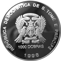 obverse of 1000 Dobras - Fish Hologram (1998) coin with KM# 81 from São Tomé and Príncipe. Inscription: REPÚBLICA DEMOCRÁTICA DE S. TOMÉ E PRÍNCIPE 1000 DOBRAS 1998