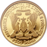 obverse of 2500 Dobras - Independence (1977) coin with KM# 38 from São Tomé and Príncipe. Inscription: REPÚBLICA DEMOCRATICA DE S.TOMÉ E PRINCIPE 1977 2500 Dobras