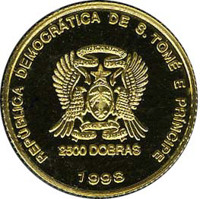 obverse of 2500 Dobras - Hummingbird hologram (1998) coin with KM# 83 from São Tomé and Príncipe. Inscription: REPÚBLICA DEMOCRÁTICA DE S. TOMÉ E PRÍNCIPE 2500 DOBRAS 1998