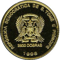 São Tomé and Príncipe coin 2500 Dobras - Butterfly hologram (1998) obverse obverse of 2500 Dobras - Butterfly hologram (1998) coin with KM# 84 from São Tomé and Príncipe. Inscription: REPÚBLICA DEMOCRÁTICA DE S. TOMÉ E PRÍNCIPE 2500 DOBRAS 1998