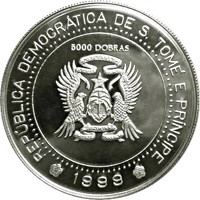 obverse of 5000 Dobras - Millennium (1999) coin with KM# 100 from São Tomé and Príncipe. Inscription: REPÚBLICA DEMOCRÁTICA DE S. TOMÉ E PRÍNCIPE 5000 DOBRAS 1999