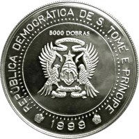 São Tomé and Príncipe coin 5000 Dobras - Millennium (1999) obverse obverse of 5000 Dobras - Millennium (1999) coin with KM# 100 from São Tomé and Príncipe. Inscription: REPÚBLICA DEMOCRÁTICA DE S. TOMÉ E PRÍNCIPE 5000 DOBRAS 1999