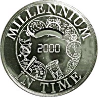 reverse of 5000 Dobras - Millennium (1999) coin with KM# 100 from São Tomé and Príncipe. Inscription: MILLENNIUM 2000 IN TIME