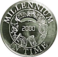 São Tomé and Príncipe coin 5000 Dobras - Millennium (1999) reverse reverse of 5000 Dobras - Millennium (1999) coin with KM# 100 from São Tomé and Príncipe. Inscription: MILLENNIUM 2000 IN TIME