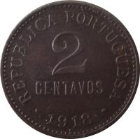 reverse of 2 Centavos (1918 - 1921) coin with KM# 568 from Portugal. Inscription: REPUBLICA PORTUGUESA 2 CENTAVOS · 1921 ·