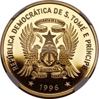 obverse of 2500 Dobras - Year of the Rat in chinese calendar (1996) coin from São Tomé and Príncipe. Inscription: REPÚBLICA DEMOCRÁTICA DE S. TOMÉ E PRÍNCIPE * 1996 *
