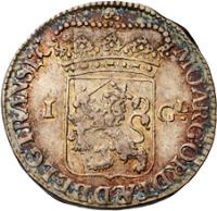 Dutch Republic coin 1 Guilder (1715 - 1764) obverse obverse of 1 Guilder (1715 - 1764) coin with KM# 63.2 from Dutch Republic. Inscription: I GL / MO ARG ORD FÆD BELG TRANSI