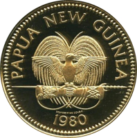 obverse of 100 Kina - Elizabeth II - South Pacific Festival of Arts (1980) coin with KM# 16 from Papua New Guinea. Inscription: PAPUA NEW GUINEA 900/1000 FINE GOLD FM 1980