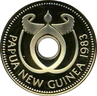 Papua New Guinea coin 100 Kina - Elizabeth II - 10th Anniversary of the Bank of Papua New Guinea (1983) obverse obverse of 100 Kina - Elizabeth II - 10th Anniversary of the Bank of Papua New Guinea (1983) coin with KM# 24 from Papua New Guinea. Inscription: PAPUA NEW GUINEA 1983