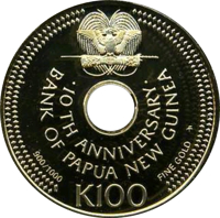 reverse of 100 Kina - Elizabeth II - 10th Anniversary of the Bank of Papua New Guinea (1983) coin with KM# 24 from Papua New Guinea. Inscription: 10TH ANNIVERSARY BANK OF PAPUA NEW GUINEA FM 900/1000 FINE GOLD K100