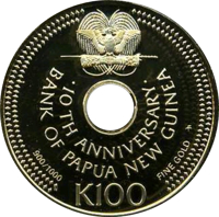 Papua New Guinea coin 100 Kina - Elizabeth II - 10th Anniversary of the Bank of Papua New Guinea (1983) reverse reverse of 100 Kina - Elizabeth II - 10th Anniversary of the Bank of Papua New Guinea (1983) coin with KM# 24 from Papua New Guinea. Inscription: 10TH ANNIVERSARY BANK OF PAPUA NEW GUINEA FM 900/1000 FINE GOLD K100