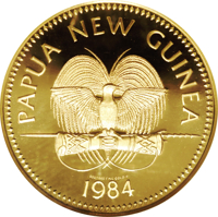 obverse of 100 Kina - Elizabeth II - 100th Anniversary of Founding of British and German Protectorates (1984) coin with KM# 27 from Papua New Guinea. Inscription: PAPUA NEW GUINEA 900/1000 FINE GOLD FM 1984