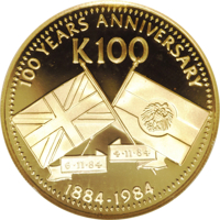 Papua New Guinea coin 100 Kina - Elizabeth II - 100th Anniversary of Founding of British and German Protectorates (1984) reverse reverse of 100 Kina - Elizabeth II - 100th Anniversary of Founding of British and German Protectorates (1984) coin with KM# 27 from Papua New Guinea. Inscription: 100 YEARS ANNIVERSARY K100 4 • 11 • 84 6 • 11 • 84 1884-1984