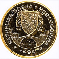 obverse of 1/25 Suverena - Horses Series - Lipizzaner Stallion (1994) coin with KM# 32 from Bosnia and Herzegovina. Inscription: REPUBLIKA BOSNA I HERCEGOVINA 1994