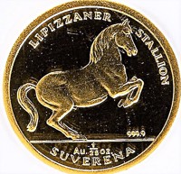 reverse of 1/25 Suverena - Horses Series - Lipizzaner Stallion (1994) coin with KM# 32 from Bosnia and Herzegovina. Inscription: LIPIZZANER STALLION 1/25 SUVERENA