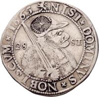 Dutch Republic coin 28 Stuivers (1601 - 1694) reverse reverse of 28 Stuivers (1601 - 1694) coin with KM# 10 from Dutch Republic. Inscription: 28 ST NISI DOMINVS NOBISCVM