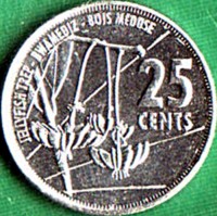 Stainless steel coin Seychelles 25 CENTS. Jellyfish Tree. Bwamediz. Bois Méduse.