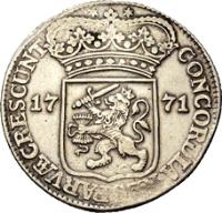 Dutch Republic coin 1 Ducat (1757 - 1794) reverse reverse of 1 Ducat (1757 - 1794) coin with KM# 52.4 from Dutch Republic. Inscription: CONCORDIA RES PARVÆ CRESCUNT