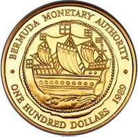 reverse of 100 Dollars - Elizabeth II - Hogge Money (1989) coin with KM# 60 from Bermuda. Inscription: BERMUDA MONETARY AUTHORITY ONE HUNDRED DOLLARS 1989