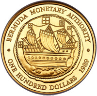 Bermuda coin 100 Dollars - Elizabeth II - Hogge Money (1989) reverse reverse of 100 Dollars - Elizabeth II - Hogge Money (1989) coin with KM# 60 from Bermuda. Inscription: BERMUDA MONETARY AUTHORITY ONE HUNDRED DOLLARS 1989