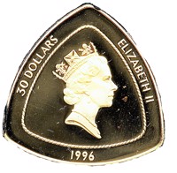 Bermuda coin 30 Dollars - Elizabeth II - Bermuda Triangle (1996) obverse obverse of 30 Dollars - Elizabeth II - Bermuda Triangle (1996) coin with KM# 97 from Bermuda. Inscription: 30 DOLLARS ELIZABETH II 1996