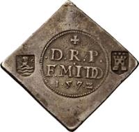 Dutch Republic coin 36 Stuivers (1572) obverse obverse of 36 Stuivers (1572) coin from Dutch Republic. Inscription: Cross / .D.R.P. / F.MIDD. / .1.5.7.2