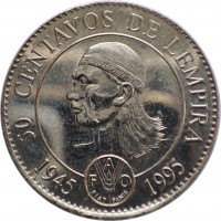 reverse of 50 Centavos - 50th Anniversary F.A.O. (1994) coin with KM# 88 from Honduras. Inscription: 50 CENTAVOS DE LEMPIRA 1945 FAO 1995