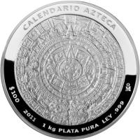 reverse of 100 Pesos - Calendario Azteca - Silver Bullion (2007 - 2014) coin with KM# 921 from Mexico. Inscription: Calendario Azteca $100 2011 1 kg PLATA PURA LEY .999 M