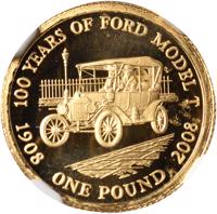 Alderney coin 1 Pound - Elizabeth II - Model T Ford (2008) reverse reverse of 1 Pound - Elizabeth II - Model T Ford (2008) coin with KM# 189 from Alderney. Inscription: 100 YEARS OF FORD MODEL T 1908 ONE POUND 2008