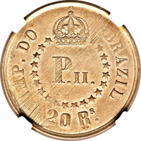 Brazil coin 20 Réis (1860) reverse reverse of 20 Réis (1860) coin with KM# Pn 88 from Brazil. Inscription: IMP. DO BRASIL P.II. 20 Rs