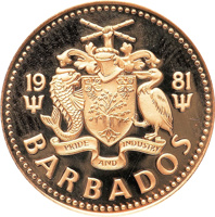Barbados coin 150 Dollars - Elizabeth II - National Flower - Poinciana (1981) obverse obverse of 150 Dollars - Elizabeth II - National Flower - Poinciana (1981) coin with KM# 33 from Barbados. Inscription: 19 81 PRIDE AND INDUSTRY BARBADOS