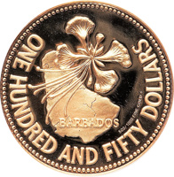 reverse of 150 Dollars - Elizabeth II - National Flower - Poinciana (1981) coin with KM# 33 from Barbados. Inscription: BARBADOS 500/1000 FINE GOLD ONE HUNDRED AND FIFTY DOLLARS