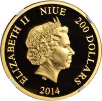 obverse of 200 Dollars - Elizabeth II - 80th Anniversary of Donald Duck (2014) coin from Niue. Inscription: ELIZABETH II NIUE 200 DOLLARS IRB 2014
