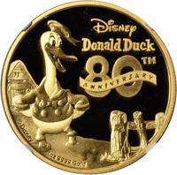 reverse of 200 Dollars - Elizabeth II - 80th Anniversary of Donald Duck (2014) coin from Niue. Inscription: Disney Donald Duck 80th ANNIVERSARY ©Disney 1oz 9999 Gold