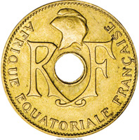 obverse of 5 Centimes (1943) coin with KM# 3 from French Equatorial Africa. Inscription: RF AFRIQUE EQUATORIALE FRANÇAISE