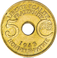 reverse of 5 Centimes (1943) coin with KM# 3 from French Equatorial Africa. Inscription: LIBERTE·EGALITE FRATERNITE 5 CMES 1943 HONNEUR·PATRIE