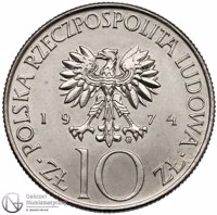 obverse of 10 Złotych - Adam Mickiewicz (1974) coin with KM# Pr226 from Poland. Inscription: POLSKA RZECZPOSPOLITA LUDOWA 19 74 mw ·ZŁ 10 ZŁ·
