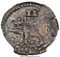 Bermuda coin 2 Pence - James I (1616) obverse obverse of 2 Pence - James I (1616) coin with KM# 1 from Bermuda. Inscription: II