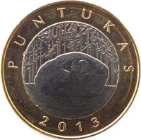 Lithuania coin 2 Litai - Creations of nature and man - Puntukas stone (2013) reverse reverse of 2 Litai - Creations of nature and man - Puntukas stone (2013) coin with KM# 189 from Lithuania. Inscription: PUNTUKAS 2013