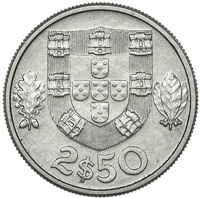 Portugal coin 2.50 Escudos (1961 - 1962) reverse reverse of 2.50 Escudos (1961 - 1962) coin from Portugal. Inscription: 2$50