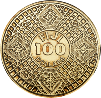 obverse of 100 Dollars - Elizabeth II (1990 - 1992) coin with KM# 59 from Fiji. Inscription: FIJI 100 DOLLARS