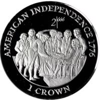 Isle of Man coin 1 Crown - Elizabeth II - American Independence (1998) reverse reverse of 1 Crown - Elizabeth II - American Independence (1998) coin with KM# 888a from Isle of Man. Inscription: AMERICAN INDEPENDENCE 1776 2 000 1 CROWN
