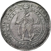 obverse of 2 Riksdaler - Gustav II Adolf - Coronation of Gustav II Adolf as King of Sweden (1617) coin with KM# 85 from Sweden. Inscription: ( יהוה ) GVSTAVVS · ADOL · D:G · SVE · GOT · VA·Q · MAG:DVX · FIN · DVX · ES: ING · D GLORIA ·*· ALTISSIMO ·*· SVO