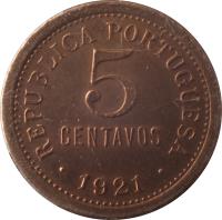 reverse of 5 Centavos (1920 - 1922) coin with KM# 569 from Portugal. Inscription: REPUBLICA PORTUGUESA 5 CENTAVOS · 1921 ·