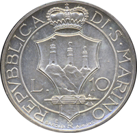 San Marino coin 10 Lire (1931) reverse reverse of 10 Lire (1931) coin with KM# Pr3 from San Marino. Inscription: REPVBBLICA DI·S·MARINO L. 10