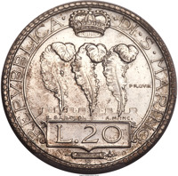 San Marino coin 20 Lire (1931) reverse reverse of 20 Lire (1931) coin with KM# Pn4 from San Marino. Inscription: REPVBLICA· ·DI·S·MARINO E. SAROLDI A.M. INC. L.20 R