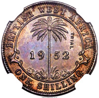 reverse of 1 Shilling - George VI (1952) coin with KM# TS1 from British West Africa. Inscription: BRITISH WEST AFRICA TRIAL 19 52 ONE SHILLING