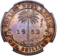 British West Africa coin 1 Shilling - George VI (1952) reverse reverse of 1 Shilling - George VI (1952) coin with KM# TS1 from British West Africa. Inscription: BRITISH WEST AFRICA TRIAL 19 52 ONE SHILLING