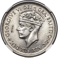 obverse of 1 Shilling - George VI (1952) coin with KM# TS3 from British West Africa. Inscription: GEORGIVS VI DEI GRA:BRITT: OMN: REX FID: DEF: TRIAL